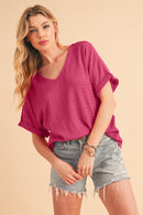 Bright Pink Textured Rolled Short Sleeve V Neck Blouse