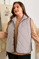 Brown Stripe Quilted Wavy Hem Snap Button Plus Size Vest