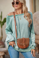 Orchid Petal Waffle Patchwork Raglan Sleeve Exposed Seam Sweatshirt