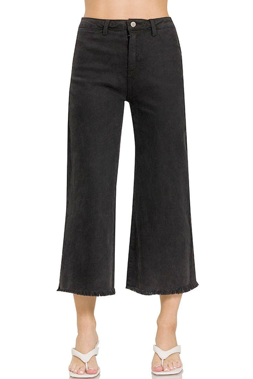 42POPS - ",,..Acid Washed Frayed Cutoff Hem Straight Wide Pants