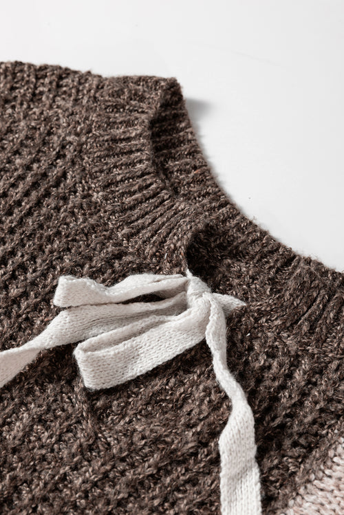 Brown Colorblock Patchwork Knotted Back Loose Fit Sweater