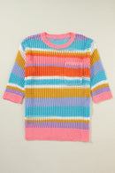 Pink Striped Color Block Hollow Crochet 3/4 Sleeve T Shirt