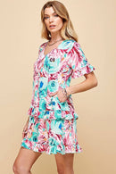 Shopin LA - .SD21025-1011 WOMEN FLORAL SHORT SLV MIDI DRESS WITH RUFFLE