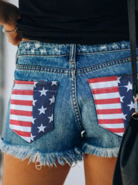 US Flag Distressed Denim Shorts with Frayed Hem