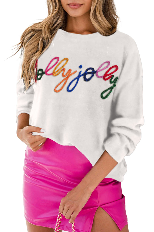 White Glitter Merry & Bright Round Neck Knit Sweater