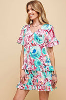 Shopin LA - .SD21025-1011 WOMEN FLORAL SHORT SLV MIDI DRESS WITH RUFFLE