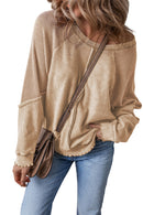 Orchid Petal Waffle Patchwork Raglan Sleeve Exposed Seam Sweatshirt