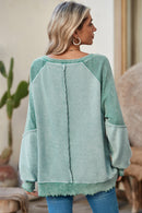 Orchid Petal Waffle Patchwork Raglan Sleeve Exposed Seam Sweatshirt