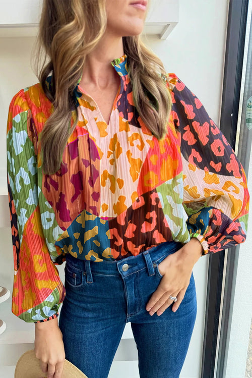 Orange Leopard Print Puff Sleeve Crinkle Blouse