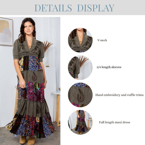 Young Threads - Eclectic Charm: Stone-Washed Rayon V-Neck Long Dress New