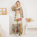 Young Threads - Bohemian Patchwork Set: Tie-Front Top & Flowing Tiered Pants