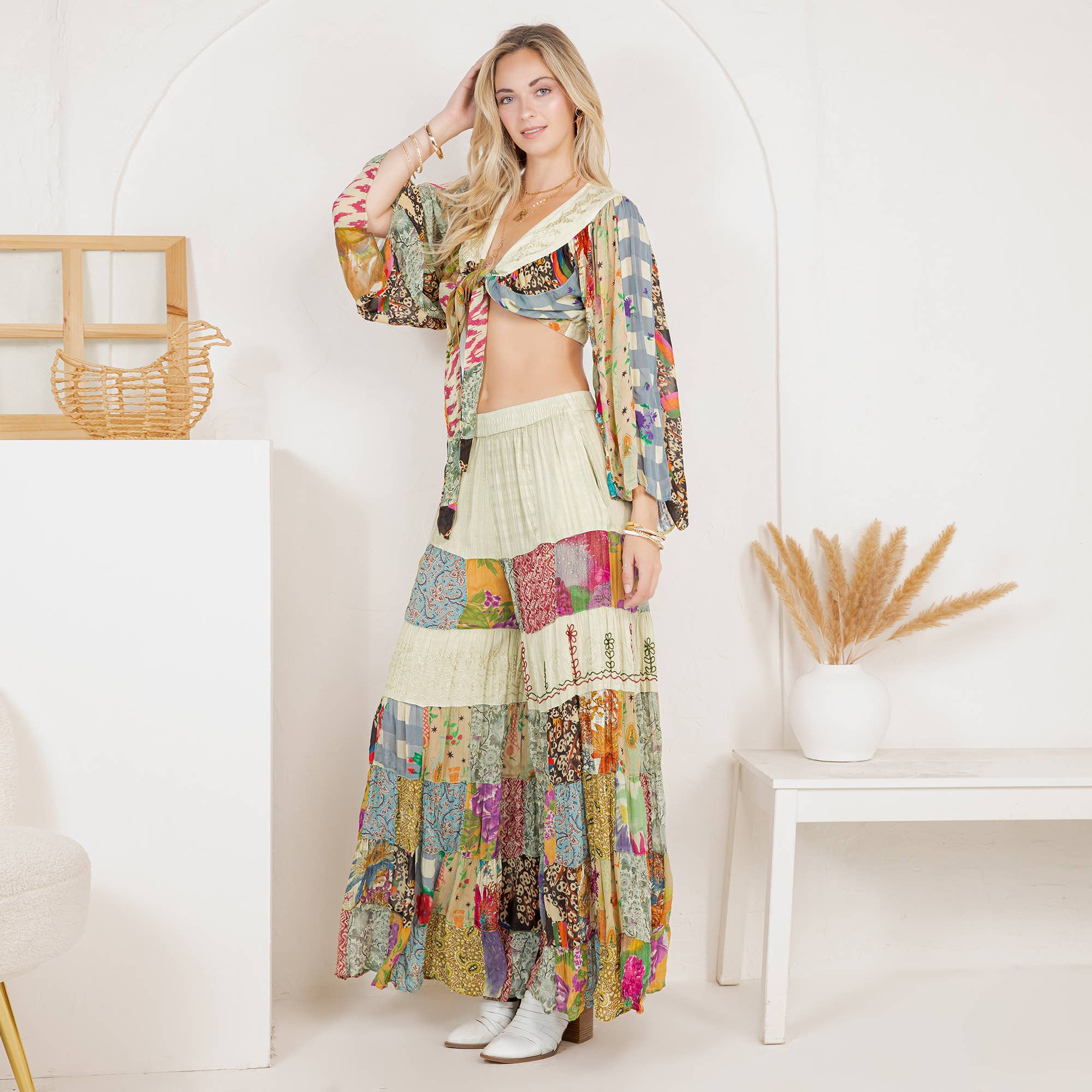 Young Threads - Bohemian Patchwork Set: Tie-Front Top & Flowing Tiered Pants