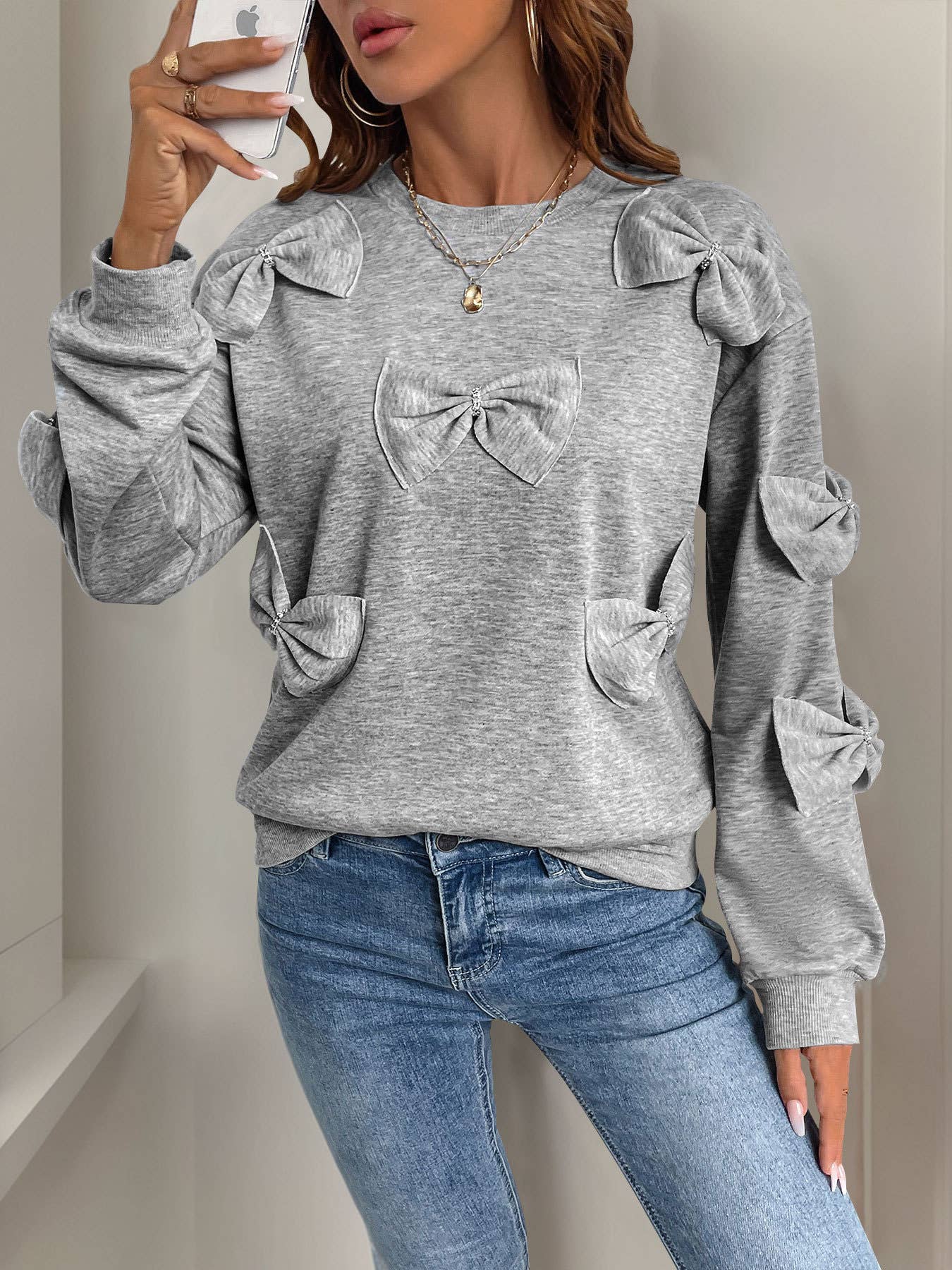 Miss Sparkling - Light Gray Crewneck Bow Sweatershirt