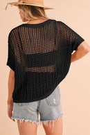 Apricot Fishnet Knit Ribbed Round Neck Short Sleeve Tee