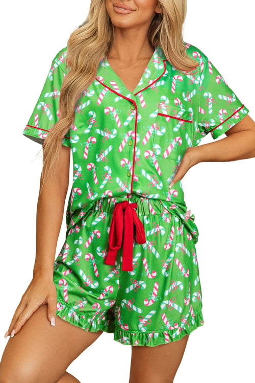 Red Christmas Candy Cane Print Pajama Set