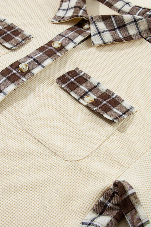 Apricot Plaid and Thermal Waffle Patchwork Shacket