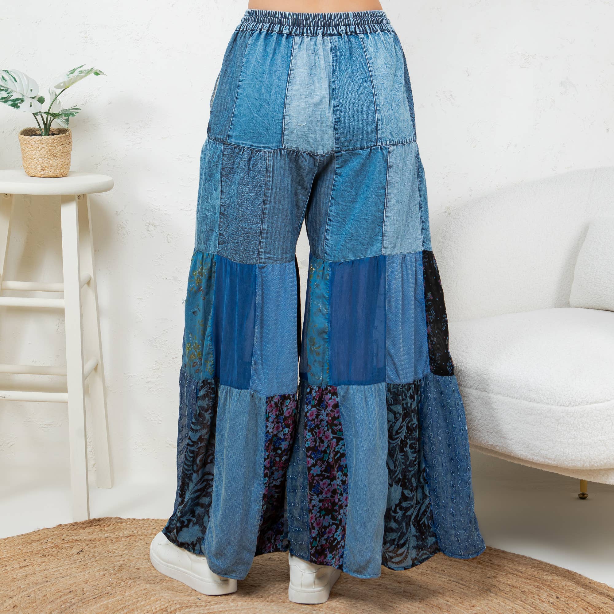 Young Threads - Boho chic Tiered Patch Inserted Denim &Knit Pants(New Color)