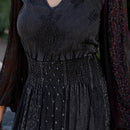 Young Threads - Boho Embroidered Ruffle Maxi Smocked Dress with Sheer Sleeve