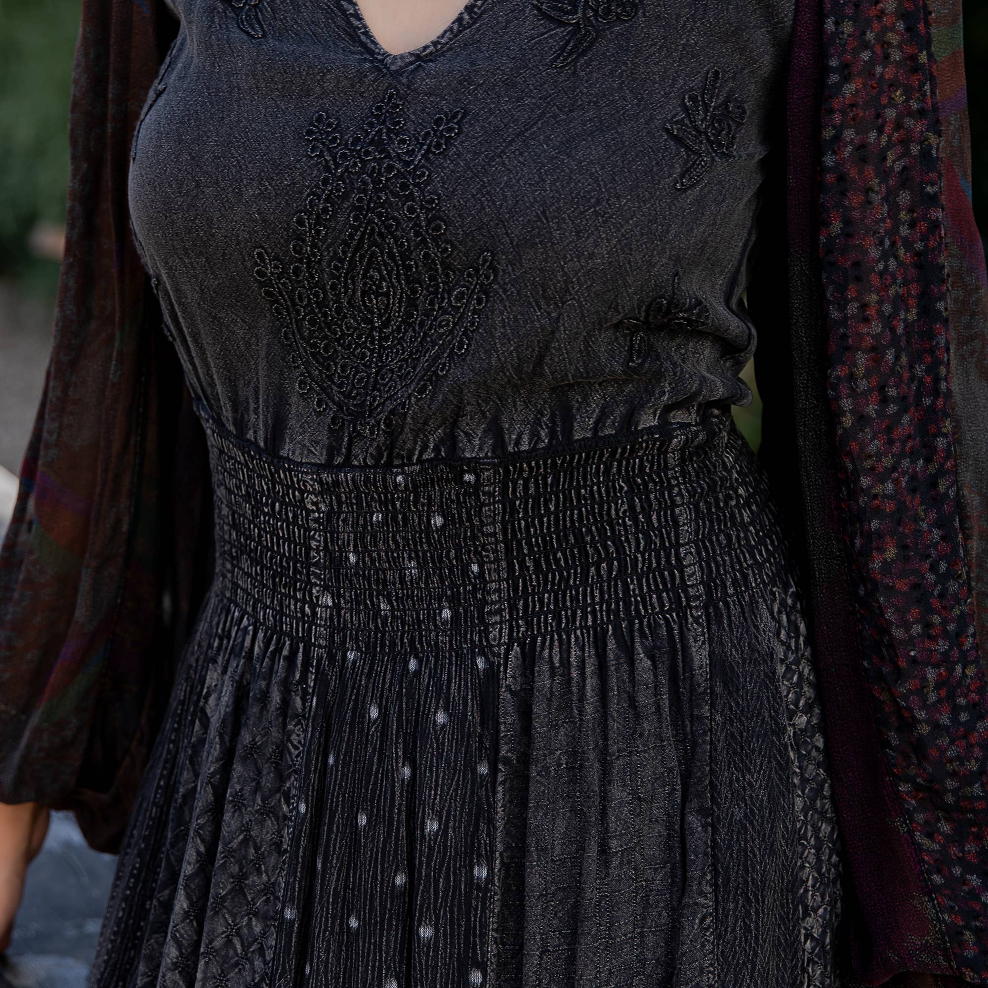 Young Threads - Boho Embroidered Ruffle Maxi Smocked Dress with Sheer Sleeve