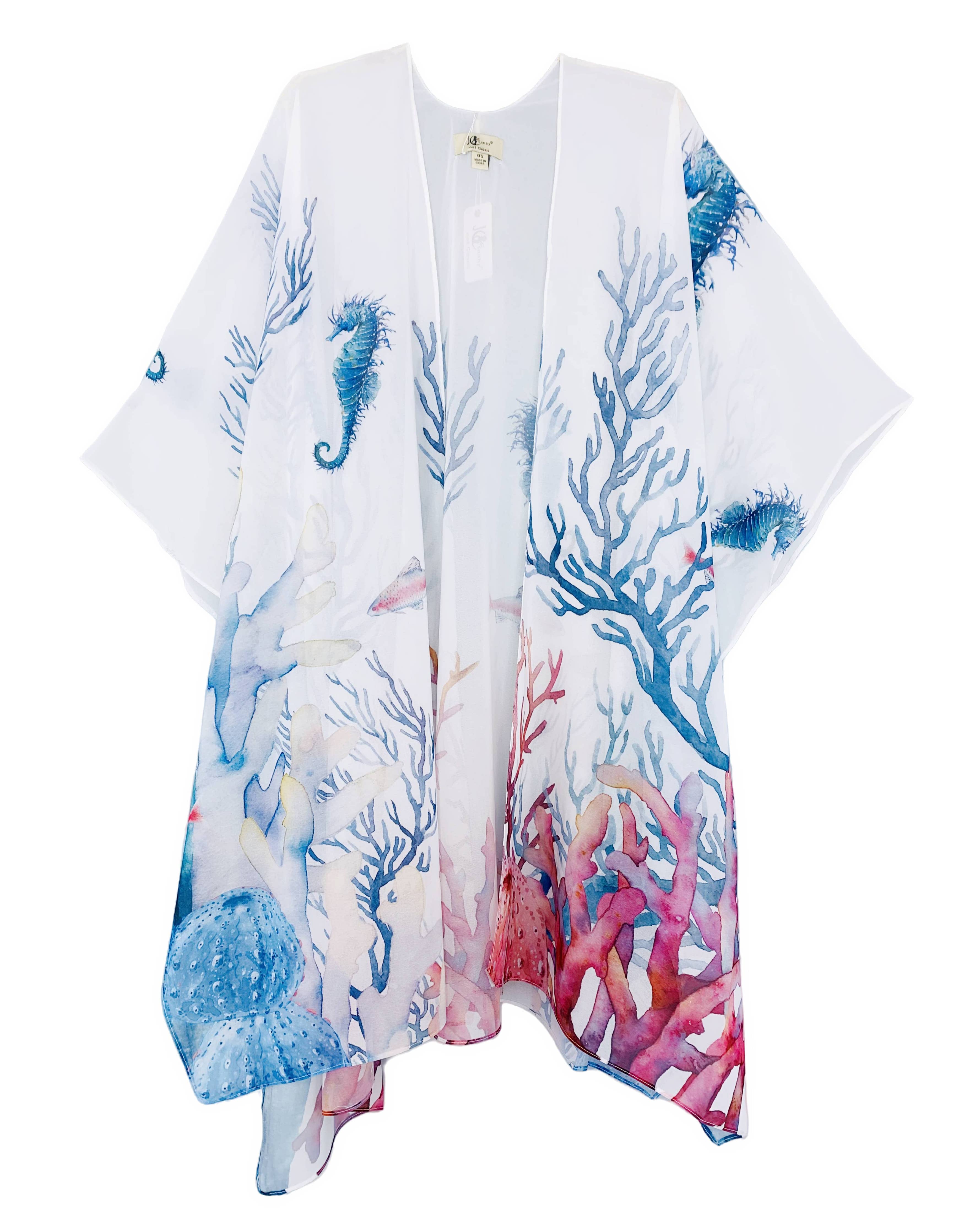 JC Sunny Fashion - JC071023 White-Multi Seahorse Coral Kimono