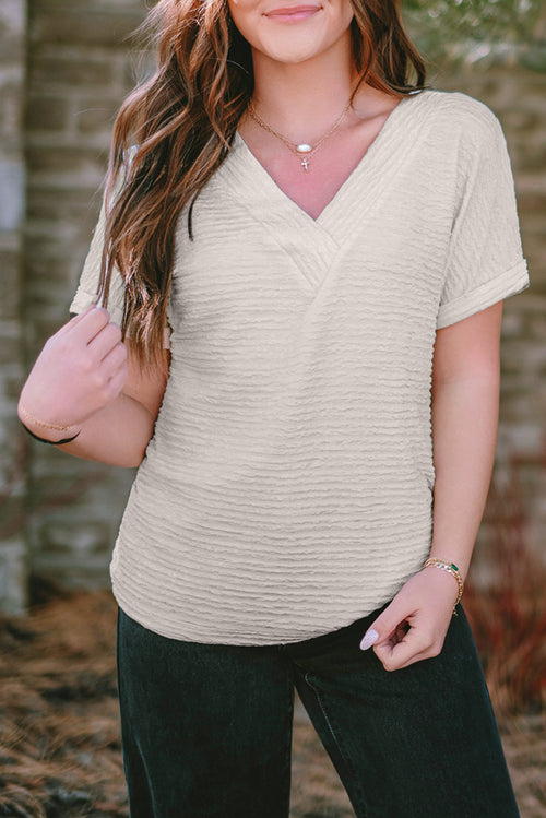 Pale Khaki Solid Color V-Neck Textured Blouse