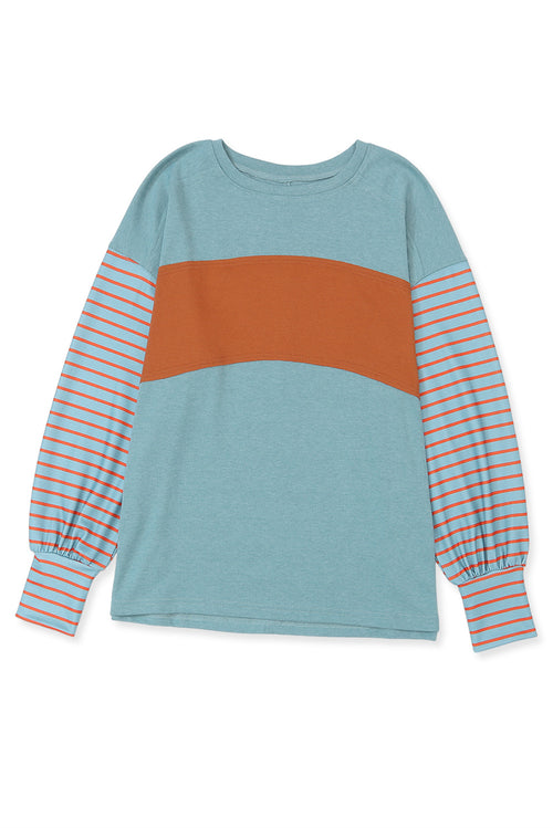 Khaki Colorblock Striped Bishop Sleeve Side Slits Top