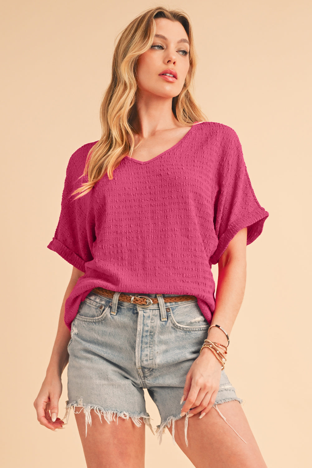 Bright Pink Textured Rolled Short Sleeve V Neck Blouse