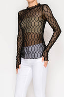 Origami Apparel ~  Lace and Crochet inspired - Sheer Lattice Mesh Long Sleeve Blouse - OLS-4866 BK
