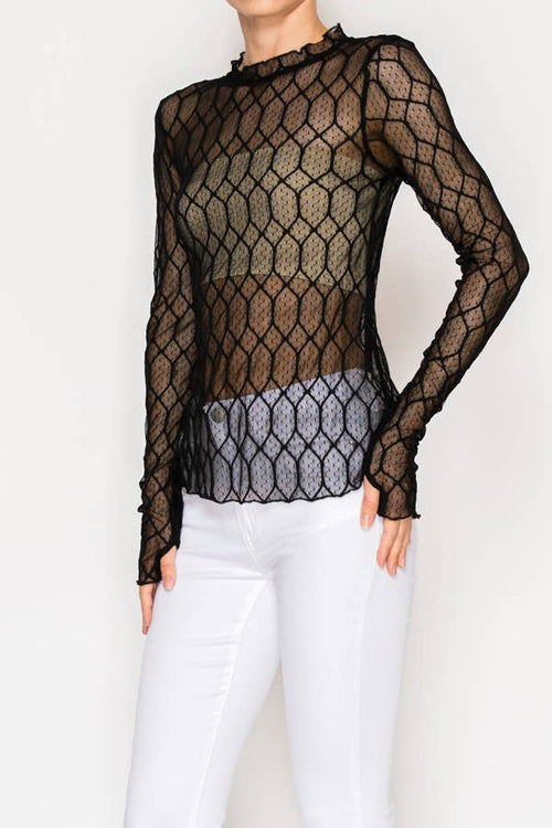 Origami Apparel ~  Lace and Crochet inspired - Sheer Lattice Mesh Long Sleeve Blouse - OLS-4866 BK