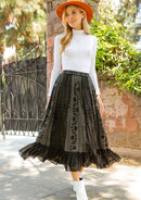 Young Threads - Women Patchwork Embroidered Maxi Skirt With Side Pockets: CHARCOAL TRIM / REGULAR (S-M-L-XL 1-2-2-1)