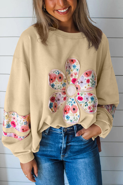 Peach Blossom Flower Applique Patchwork Drop Sleeve Pullover Sweatshirt