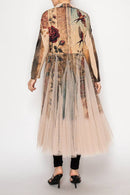 Origami Apparel ~  Lace and Crochet inspired - Chic Contrast Longline Blazer Jacket With Mesh Tulle Panel - 4773TP VINT BIRD