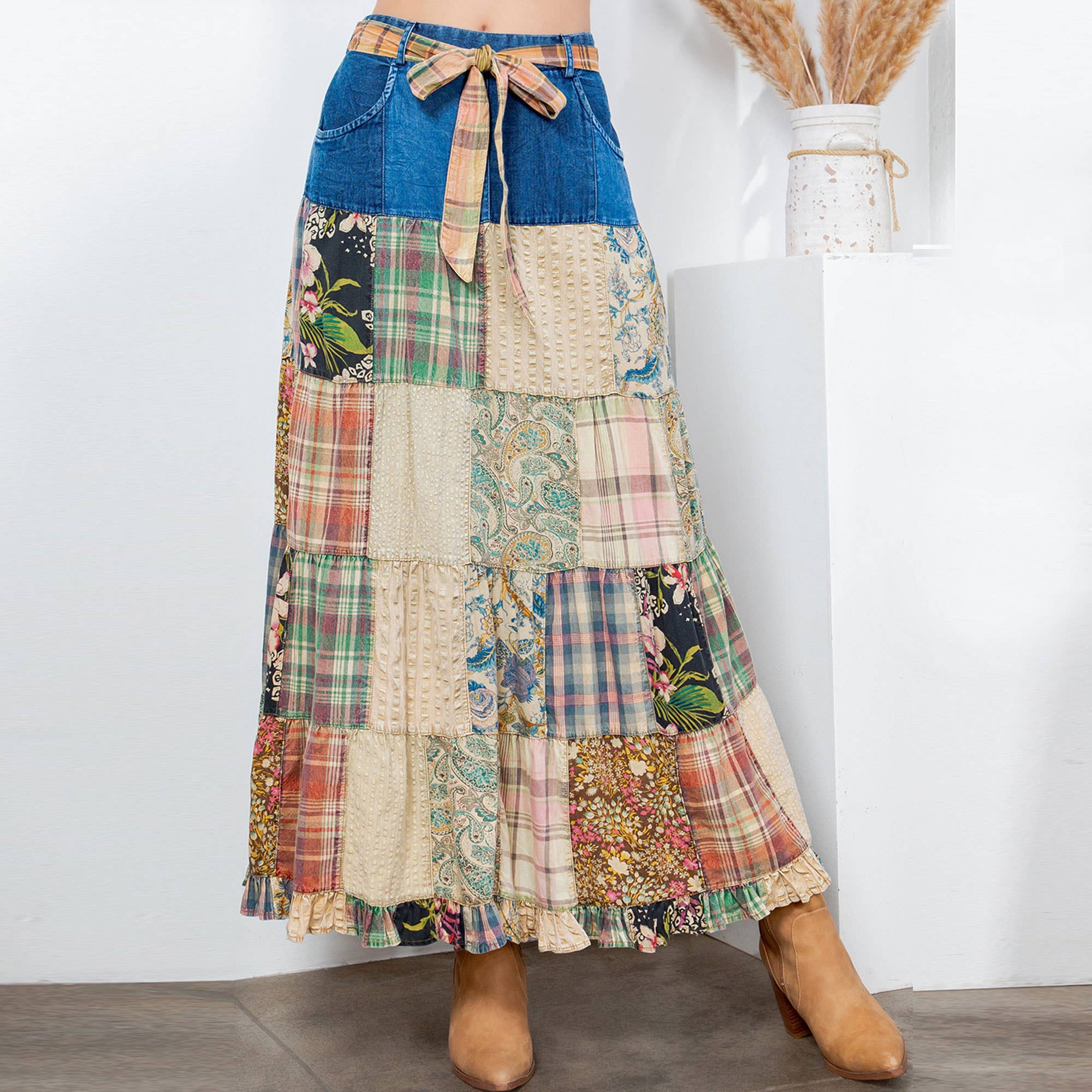 Young Threads - Western Boho Chic: Patchwork Belted Skirt  (New Color)
