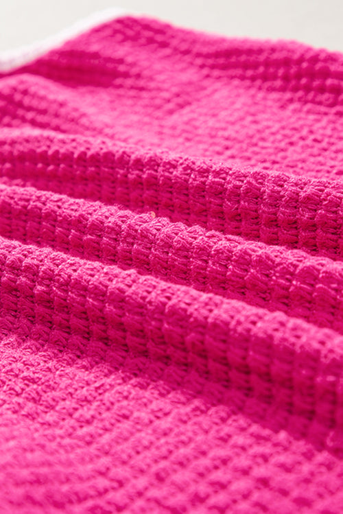 Rose Red Color Block Patched Pocket Waffle Knit Tank Top