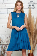 Shopin LA - SPD7008P  PLUS SOLID SLEEVELESS FRONT LACE TIERED DRESS