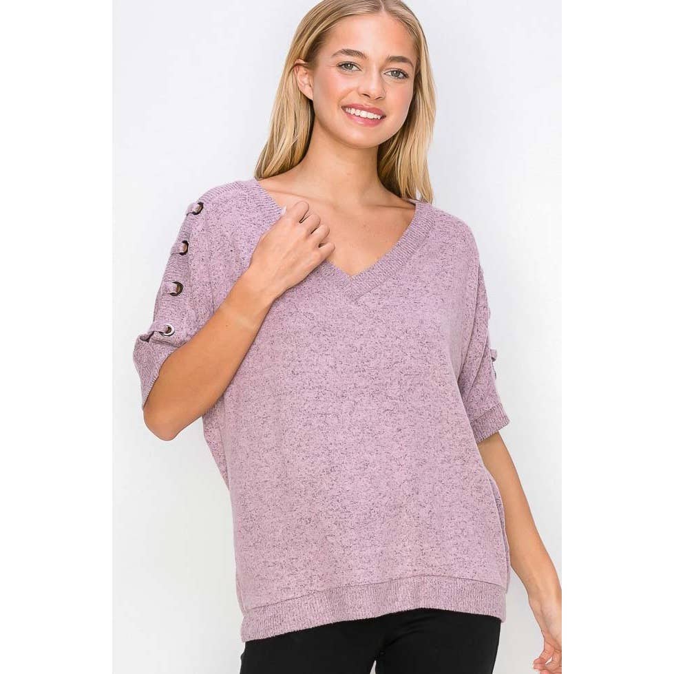 Perseption - Grommet Lace Up Sleeve V Neck Top