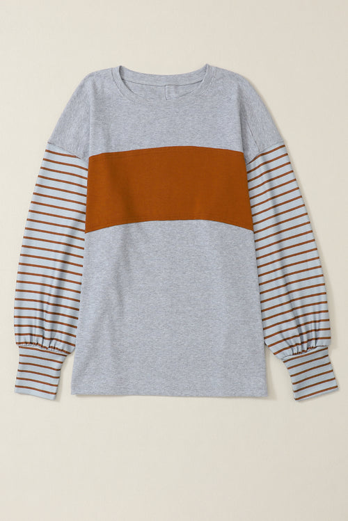 Khaki Colorblock Striped Bishop Sleeve Side Slits Top