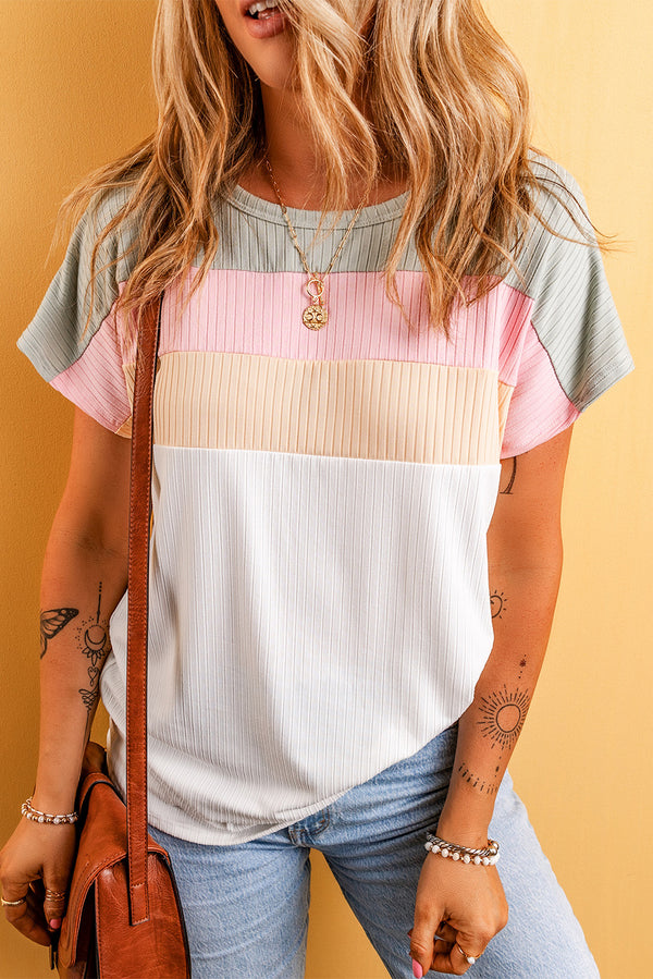 Moonlight Jade Ribbed Color Block Patchwork T shirt