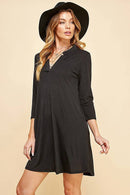 Shopin LA - Q2019D- WOMEN SOLID 3/4 SLEEVE MOCK V NECK TUNIC DRESS