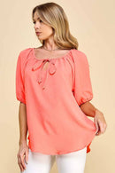 Shopin LA - ST4082D - WOMEN SOLID PUFF SHORT SLV WOVEN TOP W TIE DETAIL