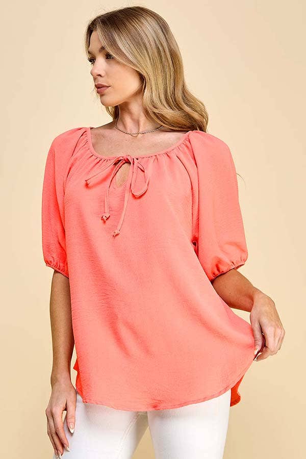 Shopin LA - ST4082D - WOMEN SOLID PUFF SHORT SLV WOVEN TOP W TIE DETAIL
