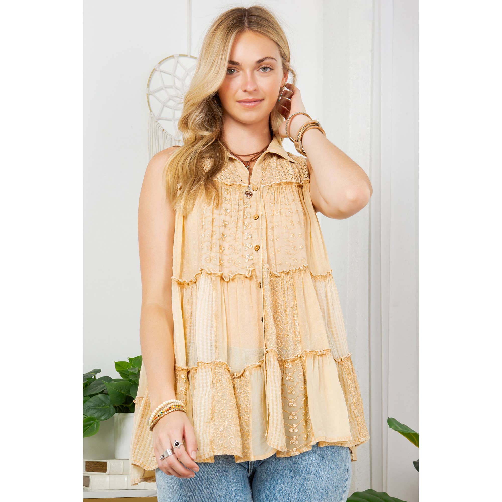 Young Threads - Sleeveless Jhabla Top Embroideried Stonewashed