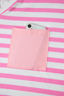 Pink Stripe Colorblock Patched Pocket V Neck Plus Size Tee