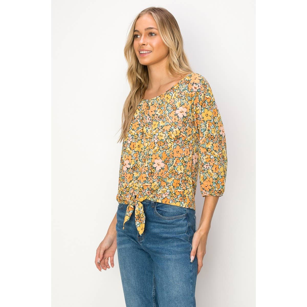 Perseption - Printed Balloon Sleeve Tie Front Blouse