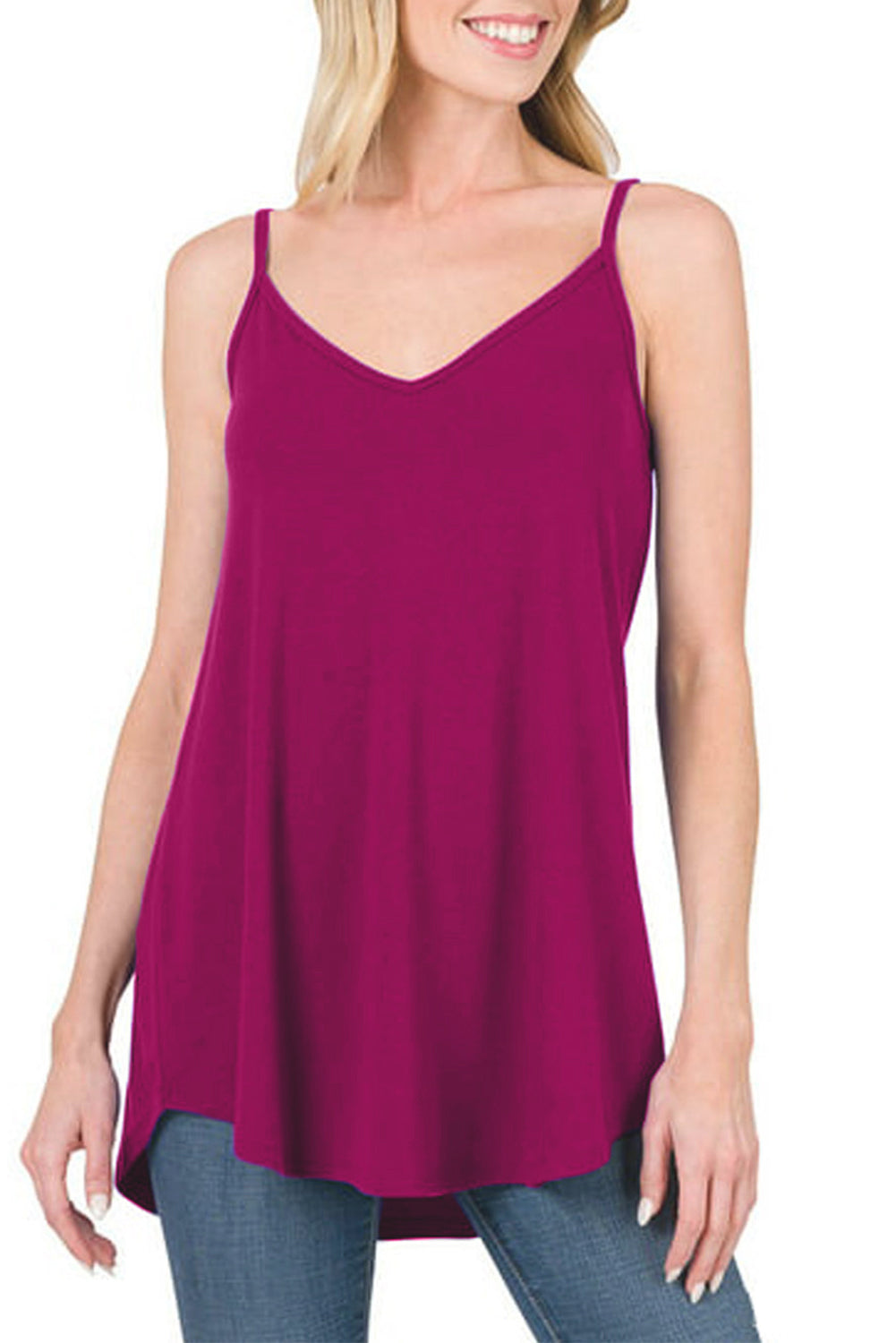 Blue Spaghetti Strap V Neck Flowy Tunic Cami Top