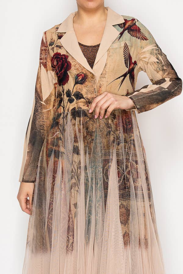 Origami Apparel ~  Lace and Crochet inspired - Chic Contrast Longline Blazer Jacket With Mesh Tulle Panel - 4773TP VINT BIRD