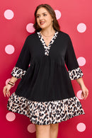 Black Plus Size Leopard Patchwork V Neck 3/4 Sleeve Ruffle Hem Mini Dress