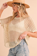 Apricot Fishnet Knit Ribbed Round Neck Short Sleeve Tee