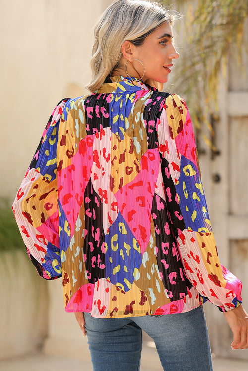 Orange Leopard Print Puff Sleeve Crinkle Blouse