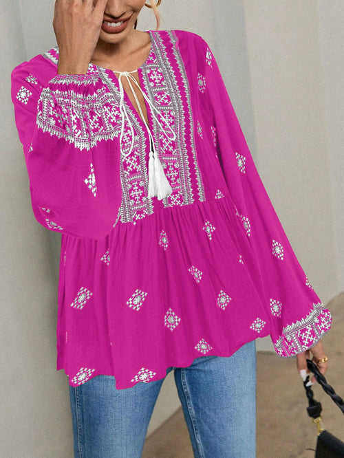 Hope & Sunshine - Boho Lantern Sleeve Tie-Neck Blouse
